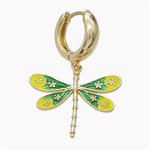 Copper Hoop Earrings With Dragonfly Green Yellow Enamel Gold Plated, approx 20-25mm, 15mm dia [FN46207]