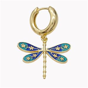 Copper Hoop Earrings With Dragonfly Green Blue Enamel Gold Plated, approx 20-25mm, 15mm dia [FN46208]