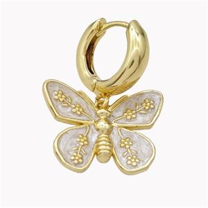 Copper Hoop Earrings With Butterfly White Enamel Gold Plated, approx 18-22mm, 15mm dia [FN46209]