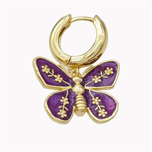 Copper Hoop Earrings With Butterfly Purple Enamel Gold Plated, approx 18-22mm, 15mm dia [FN46211]