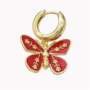 Copper Hoop Earrings With Butterfly Red Enamel Gold Plated, approx 18-22mm, 15mm dia [FN46212]
