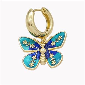 Copper Hoop Earrings With Butterfly Teal Enamel Gold Plated, approx 18-22mm, 15mm dia [FN46214]