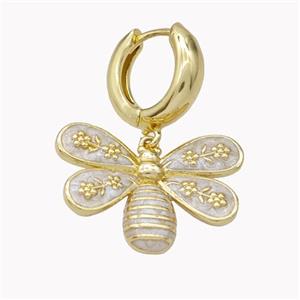 Copper Hoop Earrings With Honeybee White Enamel Gold Plated, approx 18-25mm, 15mm dia [FN46215]