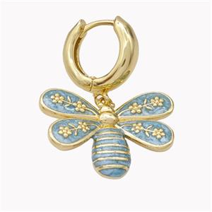 Copper Hoop Earrings With Honeybee Blue Enamel Gold Plated, approx 18-25mm, 15mm dia [FN46217]