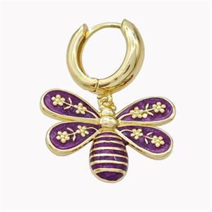 Copper Hoop Earrings With Honeybee Purple Enamel Gold Plated, approx 18-25mm, 15mm dia [FN46218]