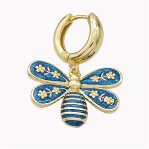 Copper Hoop Earrings With Honeybee Teal Enamel Gold Plated, approx 18-25mm, 15mm dia [FN46219]