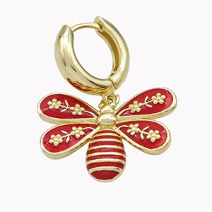 Copper Hoop Earrings With Honeybee Red Enamel Gold Plated, approx 18-25mm, 15mm dia [FN46220]