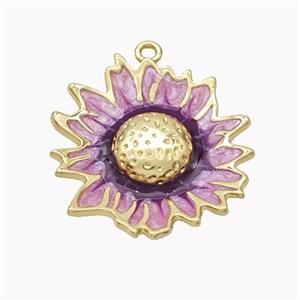 Copper Sunflower Pendant Purple Enamel Gold Plated, approx 25-27mm [FN46230]