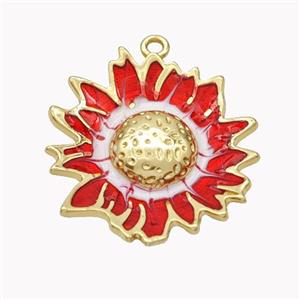 Copper Sunflower Pendant Red Enamel Gold Plated, approx 25-27mm [FN46231]
