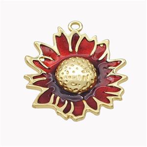 Copper Sunflower Pendant Red Enamel Gold Plated, approx 25-27mm [FN46232]