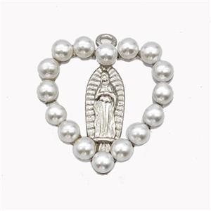Virgin Mary Charms Copper Heart Pendant Pave Pearlized Resin Platinum Plated, approx 18mm [FN46268]