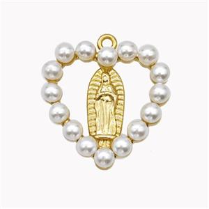 Virgin Mary Charms Copper Heart Pendant Pave Pearlized Resin Gold Plated, approx 18mm [FN46269]