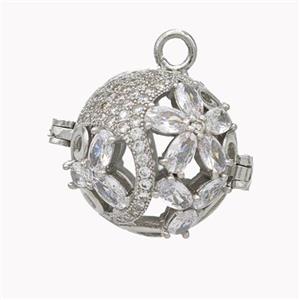Copper Ball Flower Locket Pendant Pave Zirconia Platinum Plated, approx 21mm [FN46272]