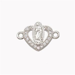 Virgin Mary Charms Copper Heart Connector Pave Zirconia Platinum Plated, approx 12.5mm [FN46335]
