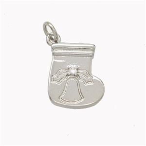 Christmas Stocking Charms Copper Pendant Pave Zirconia Platinum Plated, approx 12-14mm [FN46392]