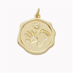 Copper Hand Footprint Pendant Pave Zirconia Circle Gold Plated, approx 20mm [FN46423]