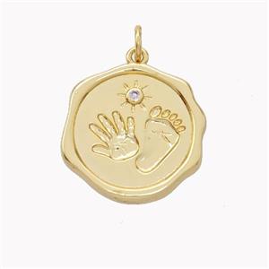 Copper Hand Footprint Pendant Pave Zirconia Circle Gold Plated, approx 20mm [FN46424]