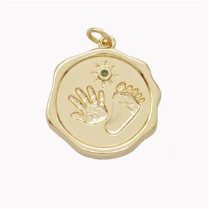 Copper Hand Footprint Pendant Pave Zirconia Circle Gold Plated, approx 20mm [FN46425]