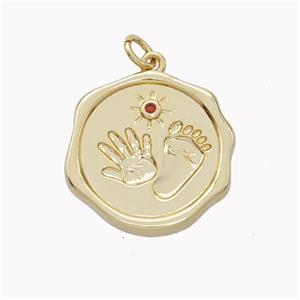 Copper Hand Footprint Pendant Pave Zirconia Circle Gold Plated, approx 20mm [FN46426]