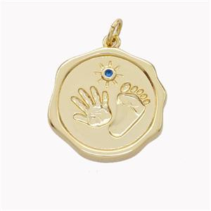 Copper Hand Footprint Pendant Pave Zirconia Circle Gold Plated, approx 20mm [FN46427]