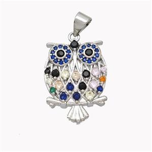Copper Owl Pendant Pave Multicolor Zirconia Birds Platinum Plated, approx 15-20mm [FN46494]