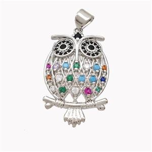 Copper Owl Pendant Pave Multicolor Zirconia Birds Platinum Plated, approx 18-25mm [FN46496]