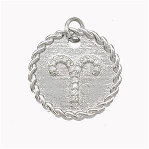 Sign Of Aries Copper Circle Pendant Pave Zirconia Zodiac Platinum Plated, approx 18mm [FN46831]