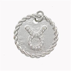 Sign Of Taurus Copper Circle Pendant Pave Zirconia Zodiac Platinum Plated, approx 18mm [FN46832]
