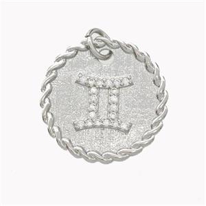 Sign Of Gemini Copper Circle Pendant Pave Zirconia Zodiac Platinum Plated, approx 18mm [FN46833]