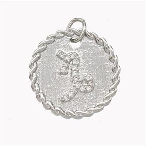Sign Of Capricorn Copper Circle Pendant Pave Zirconia Zodiac Platinum Plated, approx 18mm [FN46840]