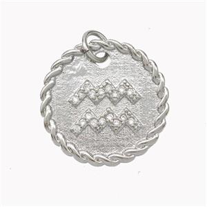 Sign Of Aquarius Copper Circle Pendant Pave Zirconia Zodiac Platinum Plated, approx 18mm [FN46841]