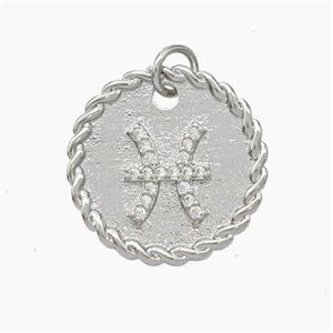 Sign Of Pisces Copper Circle Pendant Pave Zirconia Zodiac Platinum Plated, approx 18mm [FN46842]