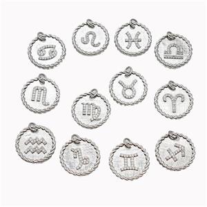 Sign Of Zodiac Copper Circle Pendant Pave Zirconia Platinum Plated Mixed, approx 18mm [FN46843]