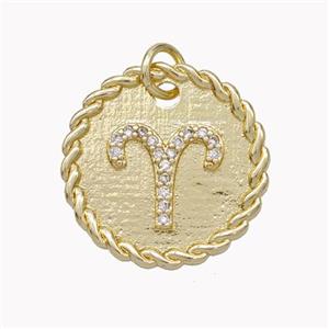 Sign Of Aries Copper Circle Pendant Pave Zirconia Zodiac Gold Plated, approx 18mm [FN46844]