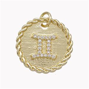 Sign Of Gemini Copper Circle Pendant Pave Zirconia Zodiac Gold Plated, approx 18mm [FN46846]