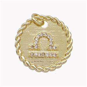 Sign Of Libra Copper Circle Pendant Pave Zirconia Zodiac Gold Plated, approx 18mm [FN46850]