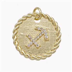 Sign Of Sagittarius Copper Circle Pendant Pave Zirconia Zodiac Gold Plated, approx 18mm [FN46852]