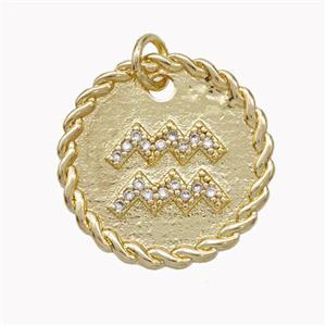 Sign Of Aquarius Copper Circle Pendant Pave Zirconia Zodiac Gold Plated, approx 18mm [FN46854]