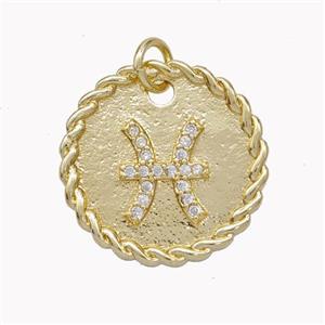 Sign Of Pisces Copper Circle Pendant Pave Zirconia Zodiac Gold Plated, approx 18mm [FN46855]