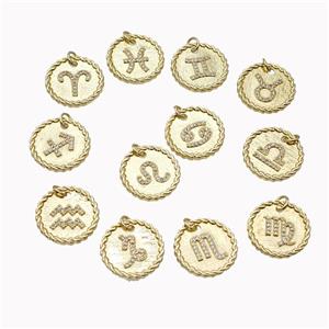 Sign Of Zodiac Copper Circle Pendant Pave Zirconia Gold Plated Mixed, approx 18mm [FN46856]