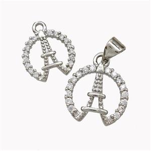 Eiffel Tower Charms Copper Pendant Micropave Zirconia Platinum Plated, approx 11mm [FN46861-S]