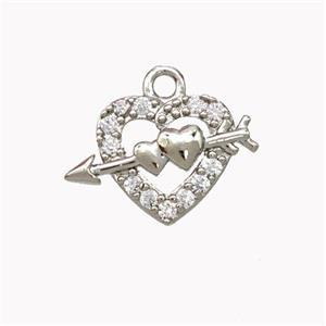 Cupid Arrow Charms Copper Heart Pendant Micropave Zirconia Platinum Plated, approx 10-15mm [FN46907]