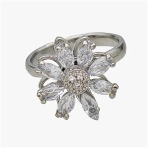 Copper Flower Rings Pave Zirconia Rotatable Adjustable Platinum Plated, approx 17mm, 18mm dia [FN46937]