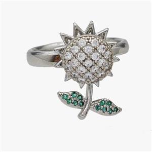 Copper Sunflower Rings Pave Zirconia Rotatable Adjustable Platinum Plated, approx 10mm, 13-19mm, 18mm dia [FN46941]