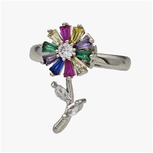 Copper Flower Rings Pave Zirconia Rotatable Adjustable Platinum Plated, approx 10-21mm, 18mm dia [FN46942]