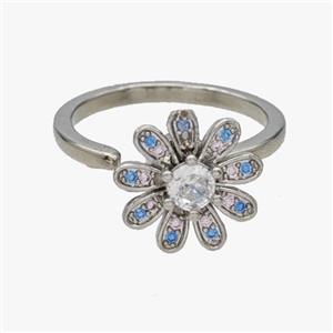 Copper Flower Rings Pave Zirconia Rotatable Adjustable Platinum Plated, approx 12mm, 18mm dia [FN46950]