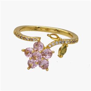 Copper Flower Rings Pave Zirconia Rotatable Adjustable Gold Plated, approx 11mm, 18mm dia [FN46959]