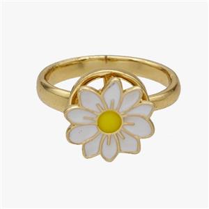 Copper Flower Rings White Enamel Rotatable Adjustable Gold Plated, approx 12.5mm, 18mm dia [FN46960]