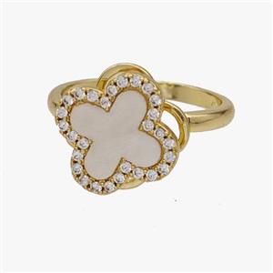 Copper Clover Rings Pave Zirconia Shell Rotatable Adjustable Gold Plated, approx 13.5mm, 18mm dia [FN46965]
