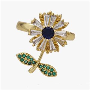 Copper Flower Rings Pave Zirconia Rotatable Adjustable Gold Plated, approx 14-22mm, 18mm dia [FN46972]